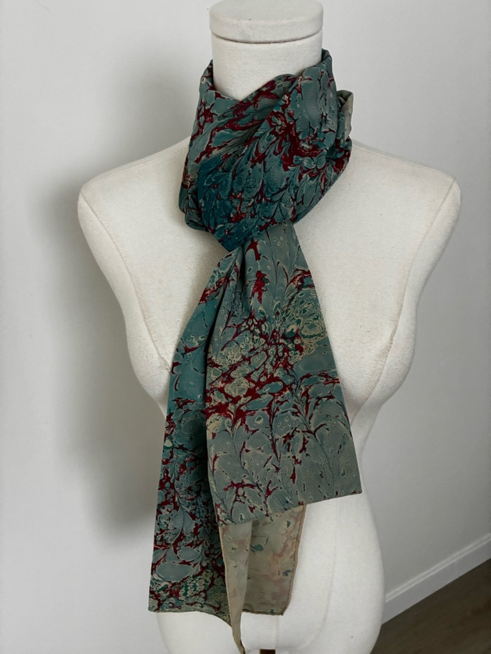 Silk Marble-Print Scarf in Teal & Burgundy